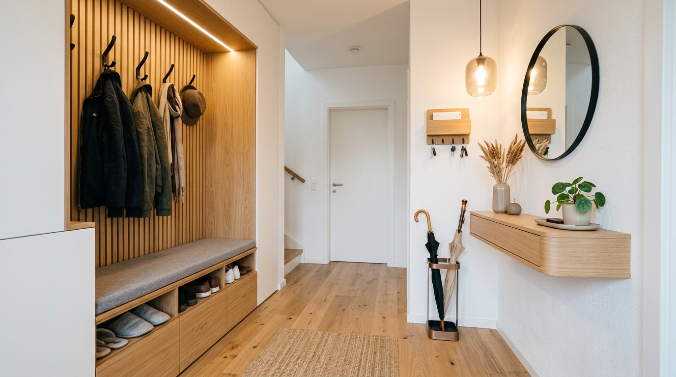 Компактная система хранения в маленькой прихожей: обувница, вешалки, консоль