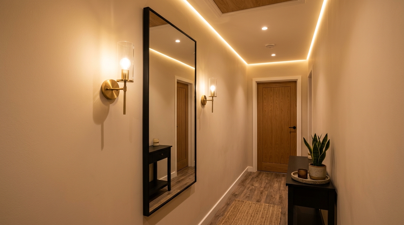 Грамотное многоуровневое освещение маленькой прихожей — LED-подсветка, споты и бра