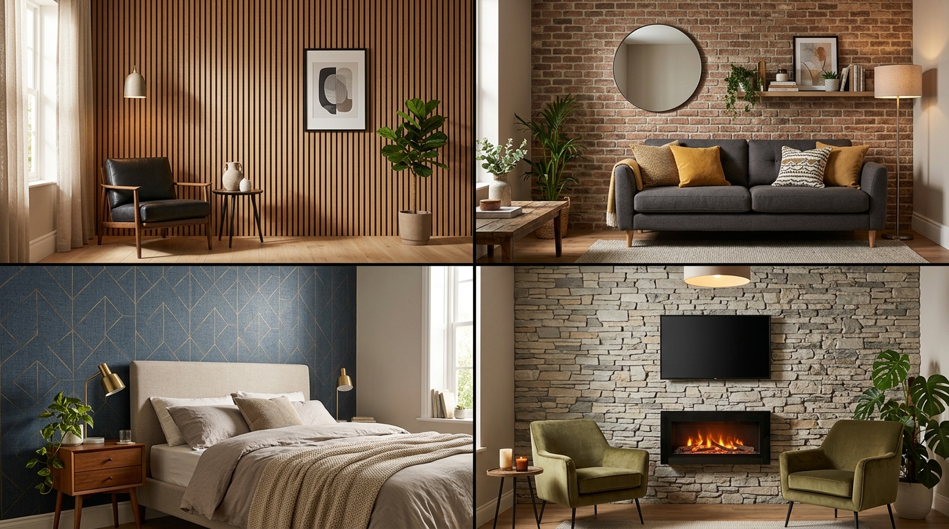 Четыре варианта материалов для акцентной стены — дерево, кирпич, обои, камень