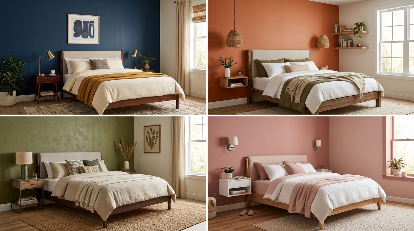 Четыре спальни с акцентными стенами разных цветов — синий, терракотовый, оливковый, розовый