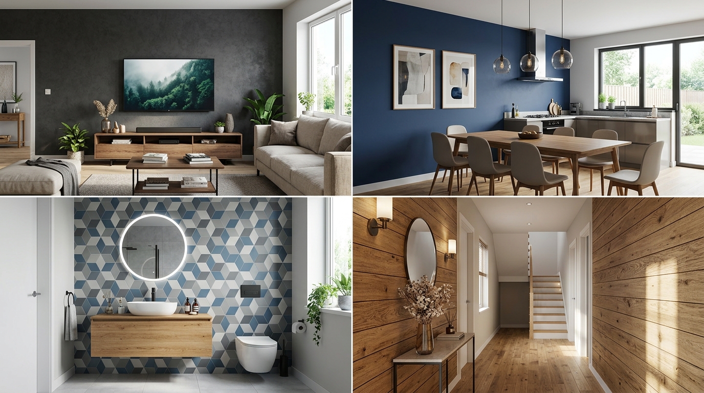 Акцентные стены в разных комнатах — гостиная, кухня, ванная, прихожая