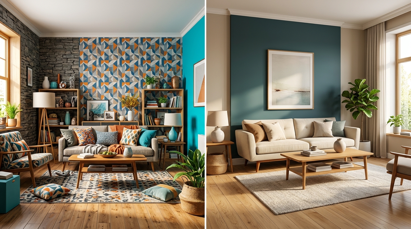 Сравнение интерьеров: перегруженная комната с несколькими акцентами и аккуратная комната с одной акцентной стеной