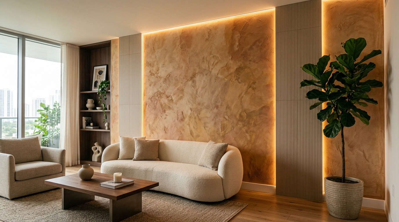 Современная квартира с фактурной штукатуркой на акцентной стене, тёплые землистые тона, LED-подсветка