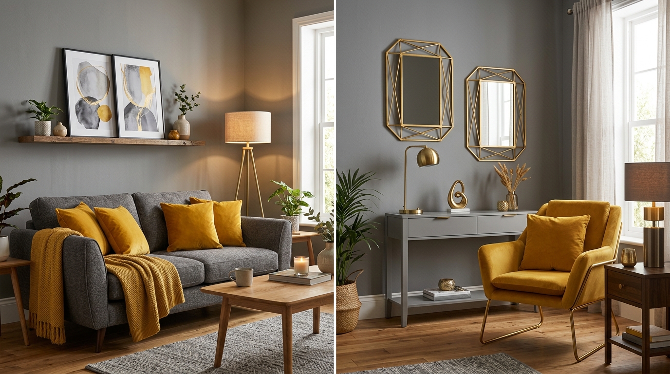 Интерьер гостиной в серых тонах с жёлтыми акцентами