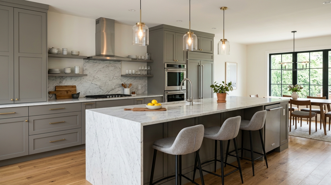 Современная серая кухня с белой столешницей и подвесными светильниками