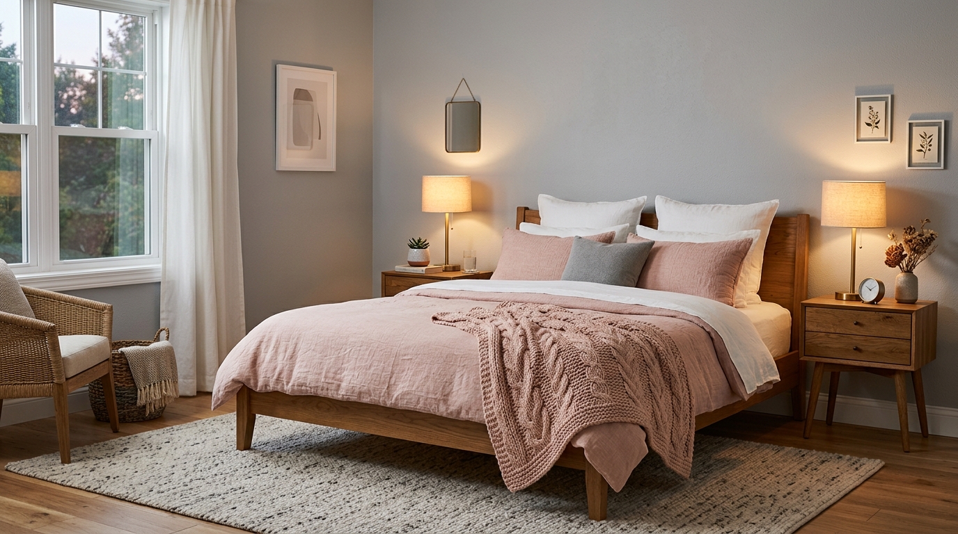 Уютная спальня в серых тонах с пудрово-розовым текстилем