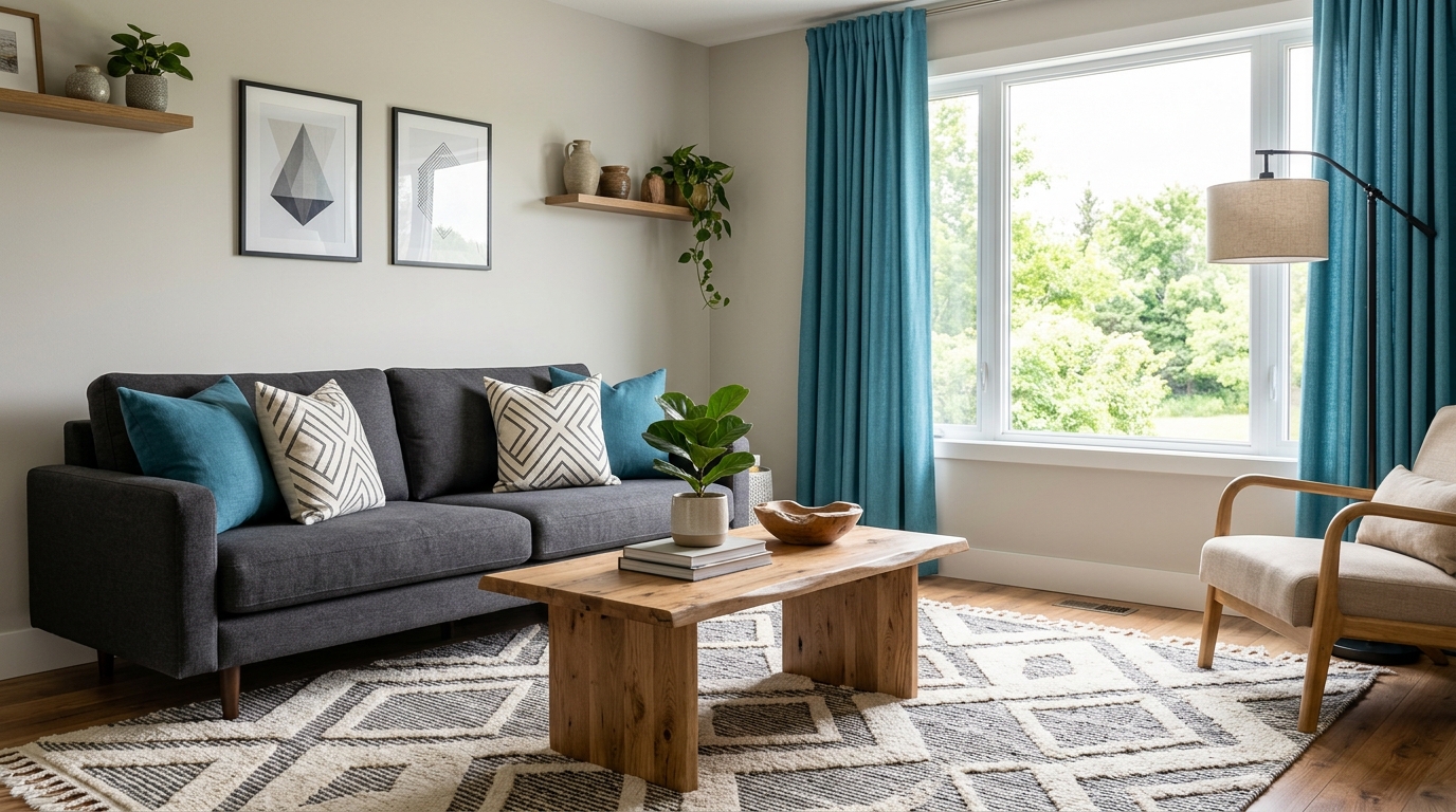 Гостиная с серым диваном и бирюзовыми акцентами