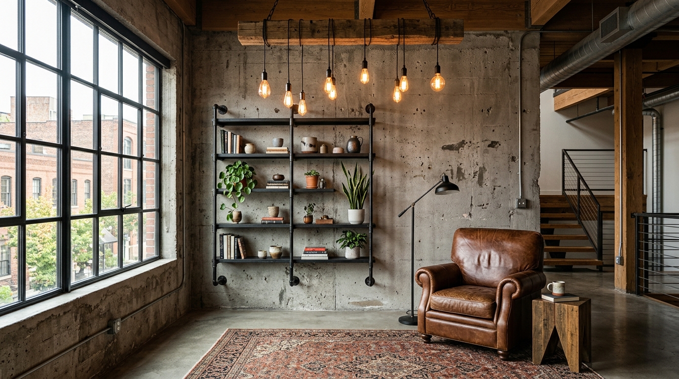Индустриальный лофт с серыми бетонными стенами