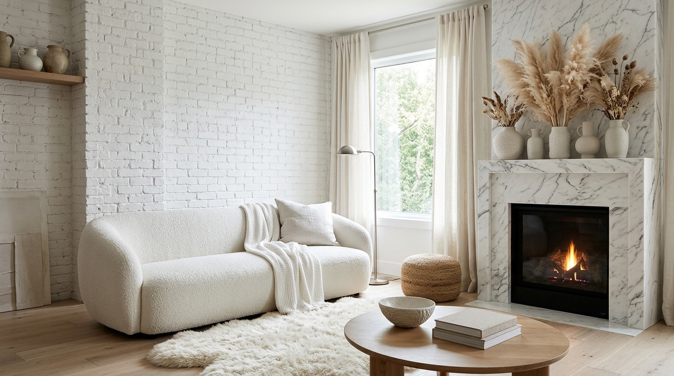 Белая гостиная с разнообразными текстурами — буклированный диван, кирпичная стена, мраморный камин