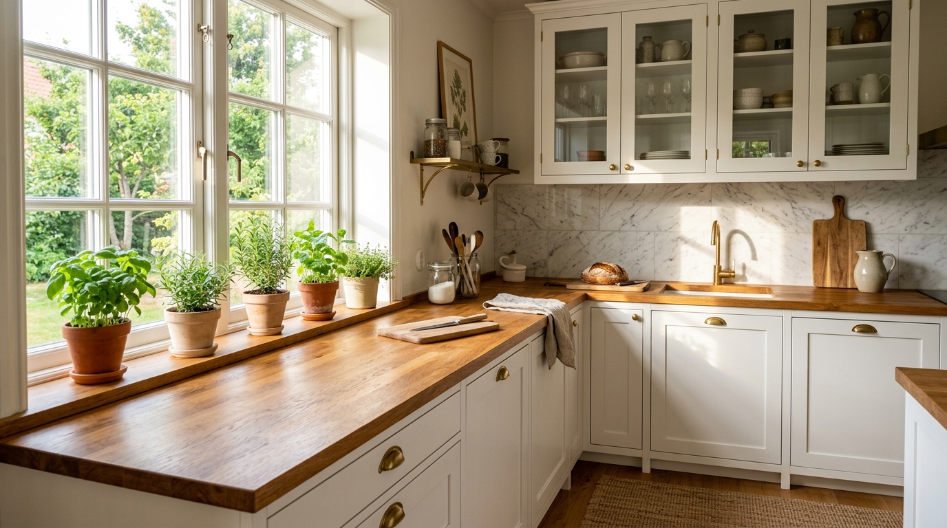 Белая кухня с деревянной столешницей, латунной фурнитурой и зеленью на подоконнике