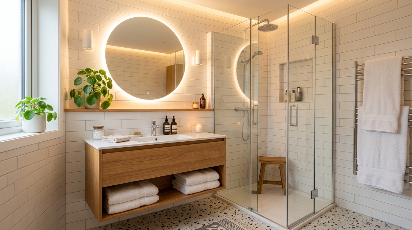 Белая ванная с деревянной тумбой, террацо на полу и зеленью