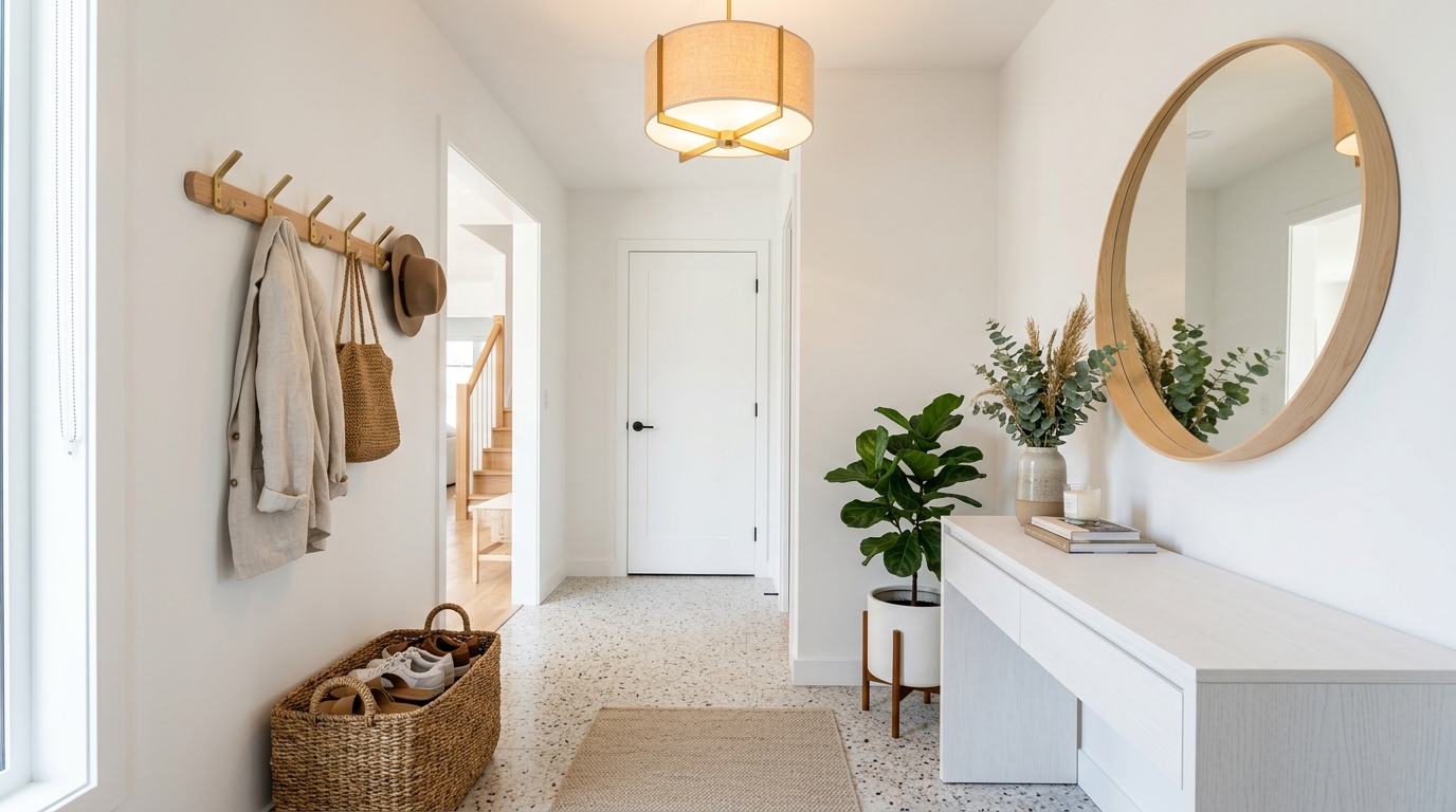 Белая прихожая с круглым зеркалом, консольным столиком и плетёными корзинами