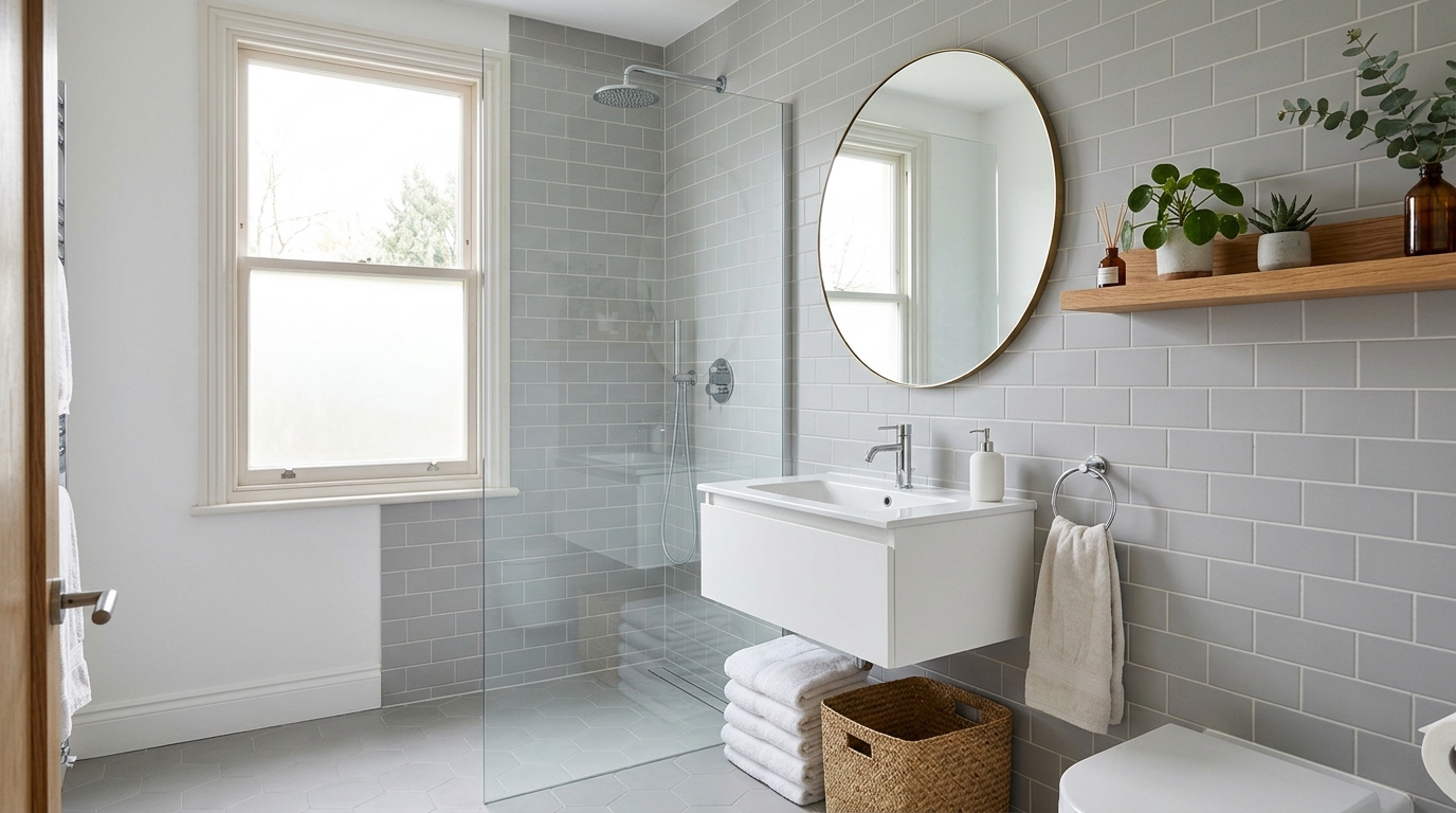 Ванная комната в скандинавском стиле с серой плиткой