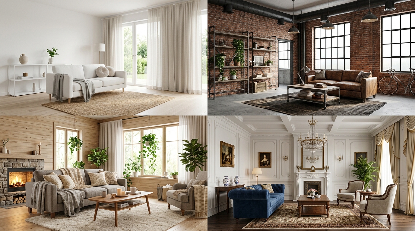 Примеры визуализации одной комнаты в разных стилях: минимализм, лофт, сканди, классика