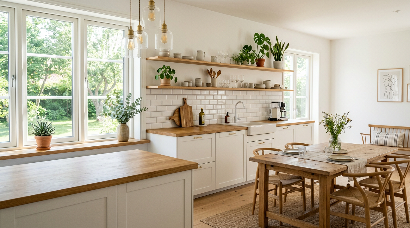 Кухня в скандинавском стиле — белые фасады, деревянные столешницы, большие окна