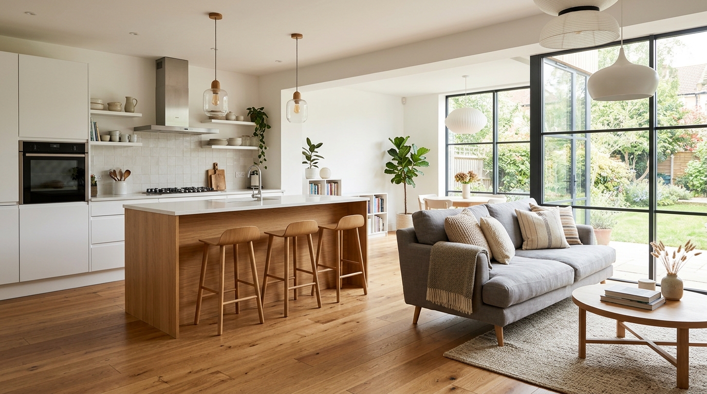 Кухня-гостиная в скандинавском стиле — белая кухня с островом и гостиная зона