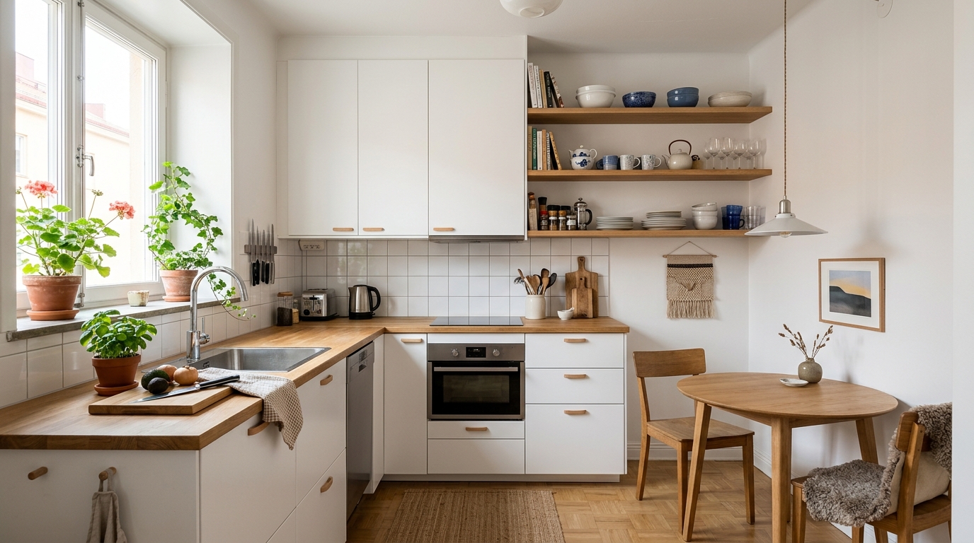 Маленькая скандинавская кухня — угловая планировка, белые шкафы, деревянная столешница