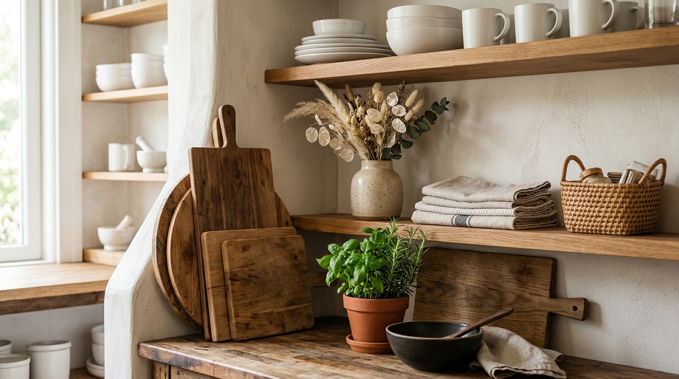 Декор скандинавской кухни — деревянные доски, керамика, травы, лён