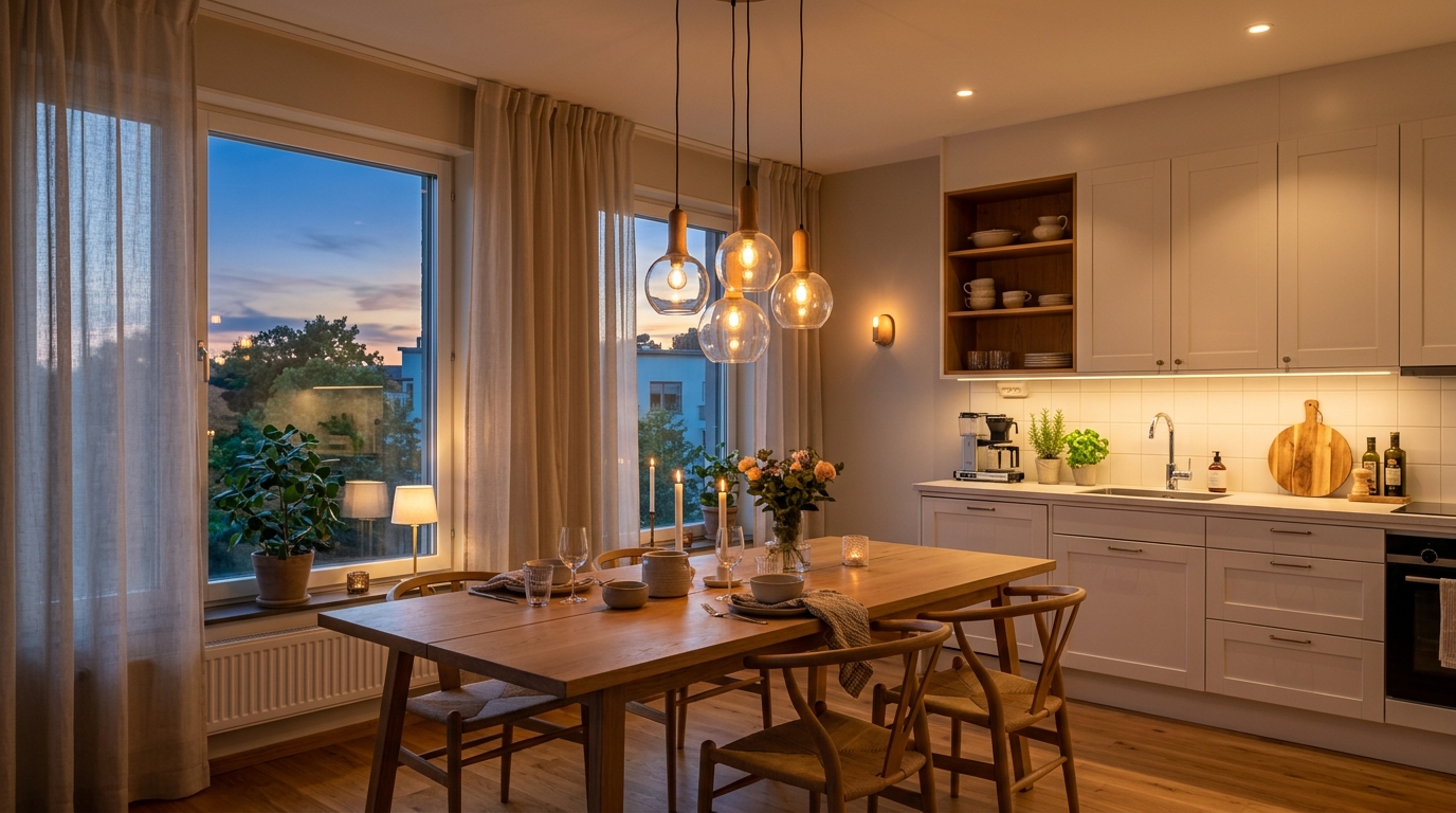 Многоуровневое освещение скандинавской кухни — подвесные светильники, подсветка рабочей зоны, естественный свет