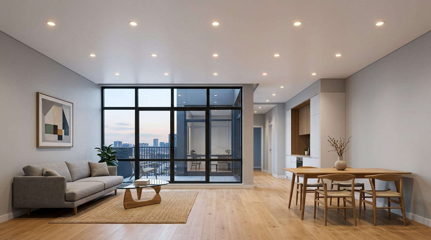 Матовый натяжной потолок с точечными светильниками в современном интерьере