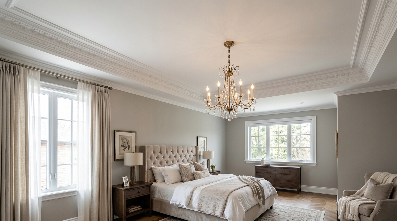 Элегантный окрашенный потолок со шпатлёвкой и потолочным плинтусом в спальне