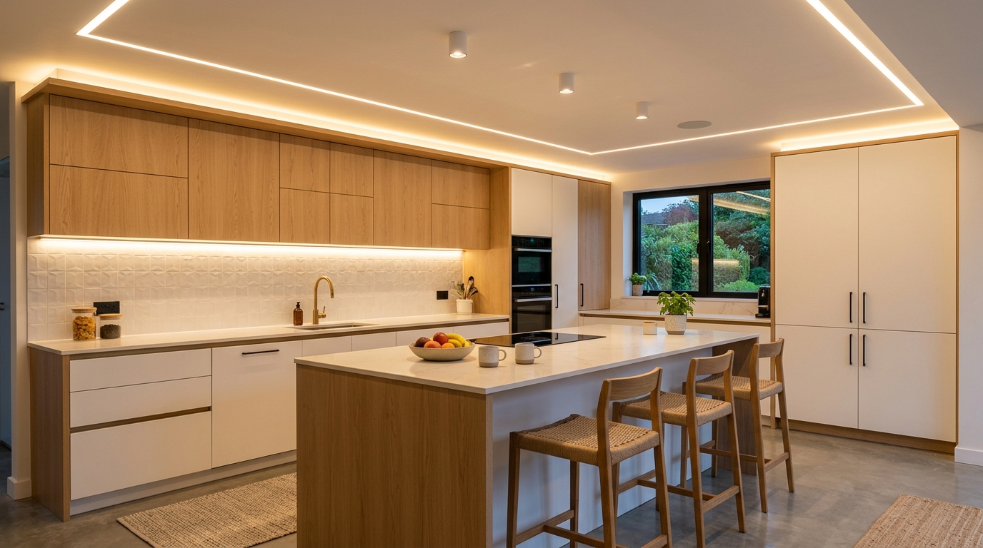Современная кухня с LED-подсветкой потолка по периметру и точечными светильниками