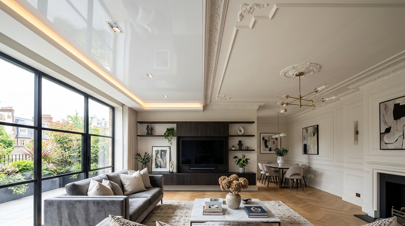 Комбинированный потолок: натяжное полотно с элементами гипсокартона