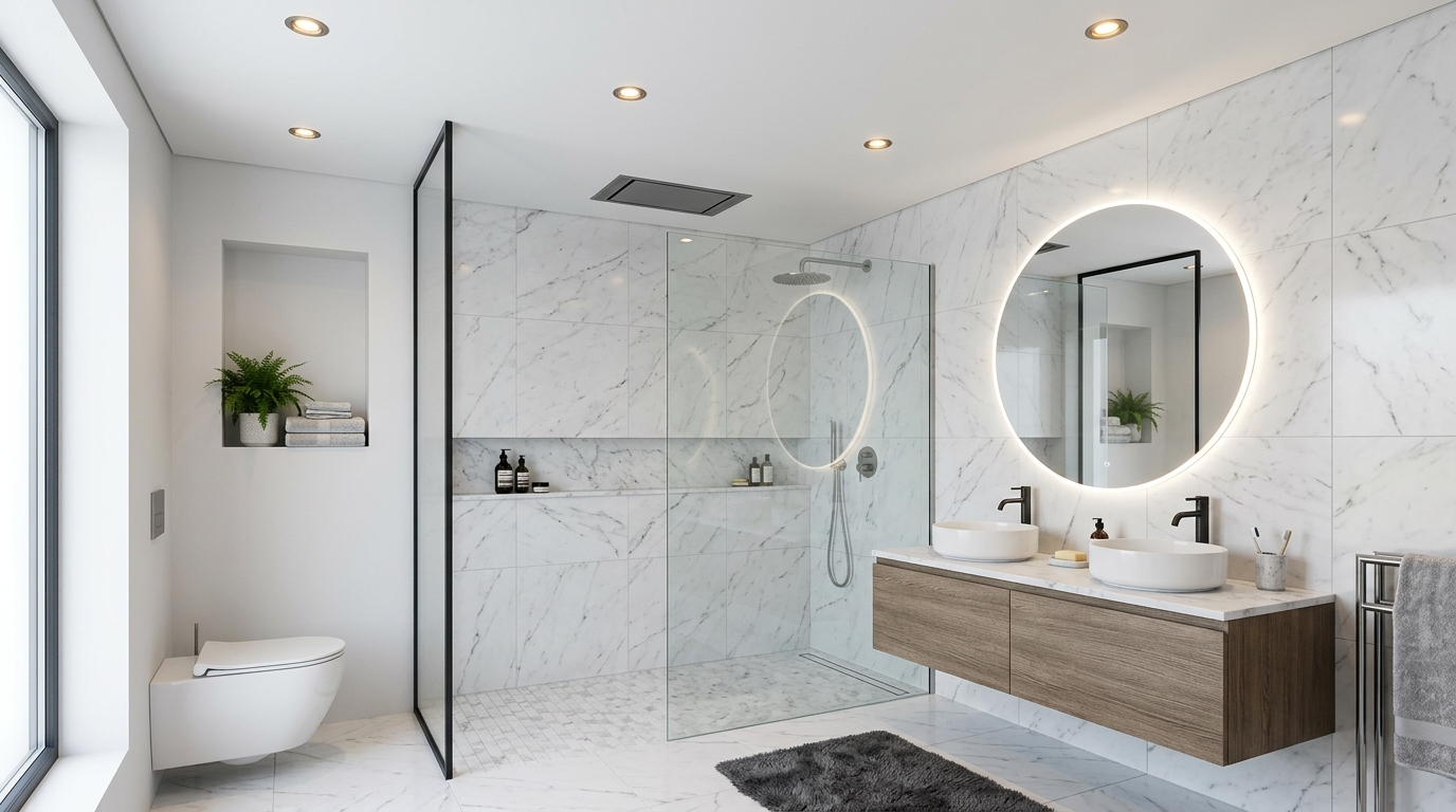 Потолок в ванной комнате — матовый натяжной с точечными светильниками