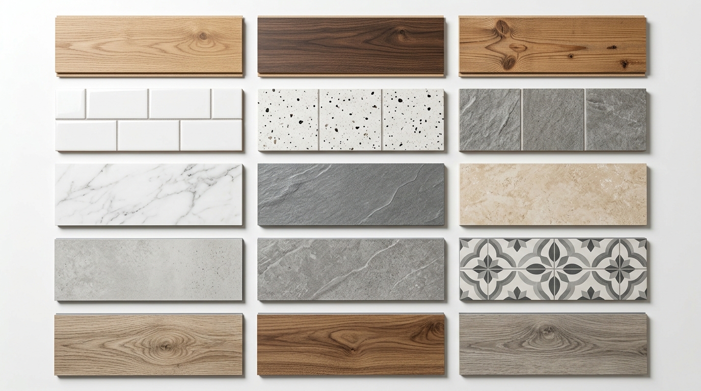Образцы напольных покрытий — ламинат, керамическая плитка, керамогранит, кварцвинил