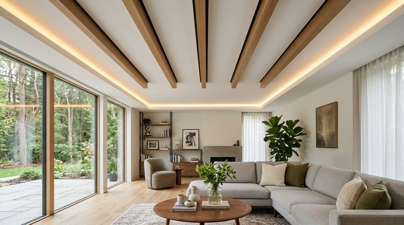 Современный интерьер с матовым потолком, теневым профилем и деревянными балками — тренд 2026 года