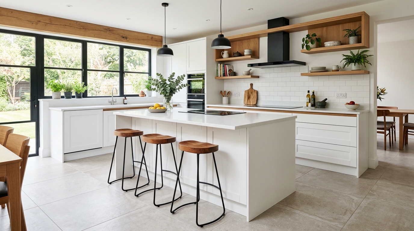 Современная кухня с керамогранитом на полу — светлая, чистая, практичная