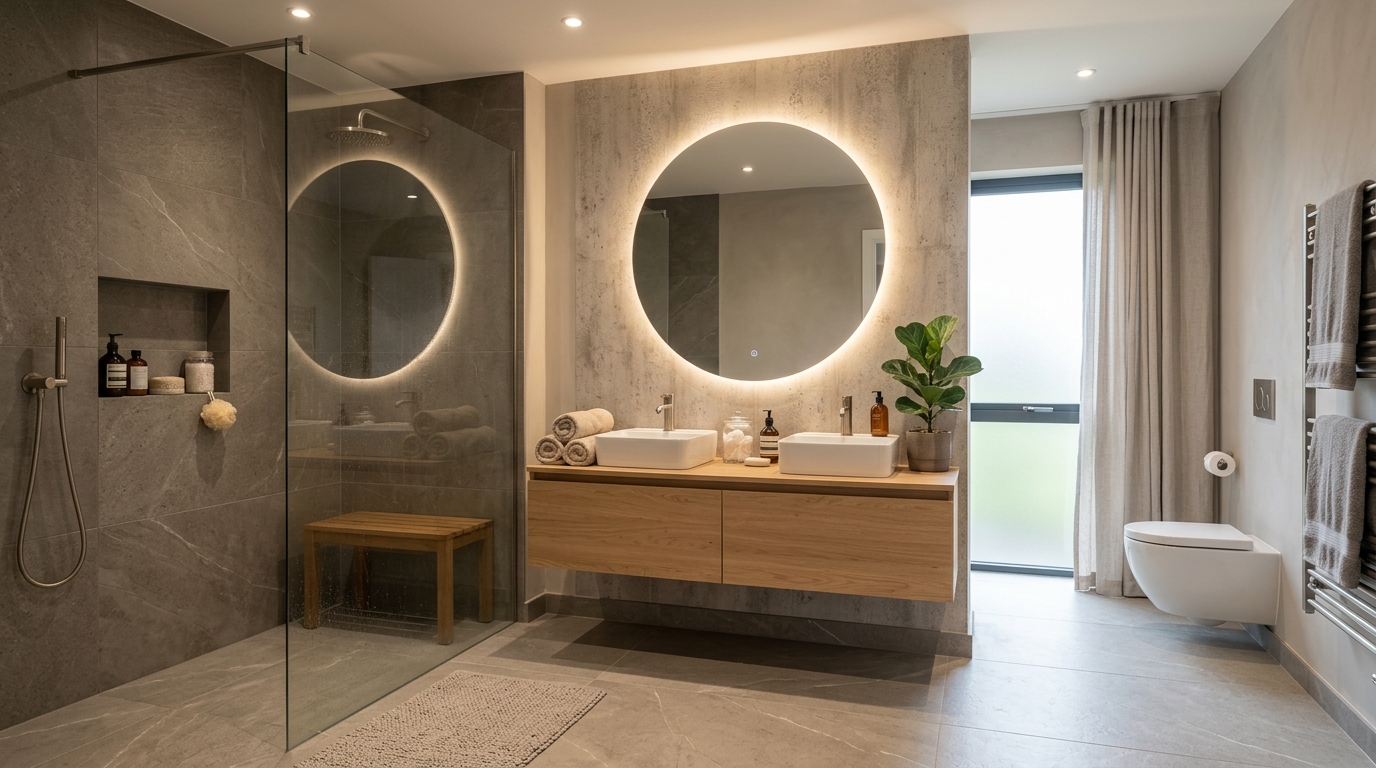 Современная ванная с крупноформатным керамогранитом на полу — спа-атмосфера