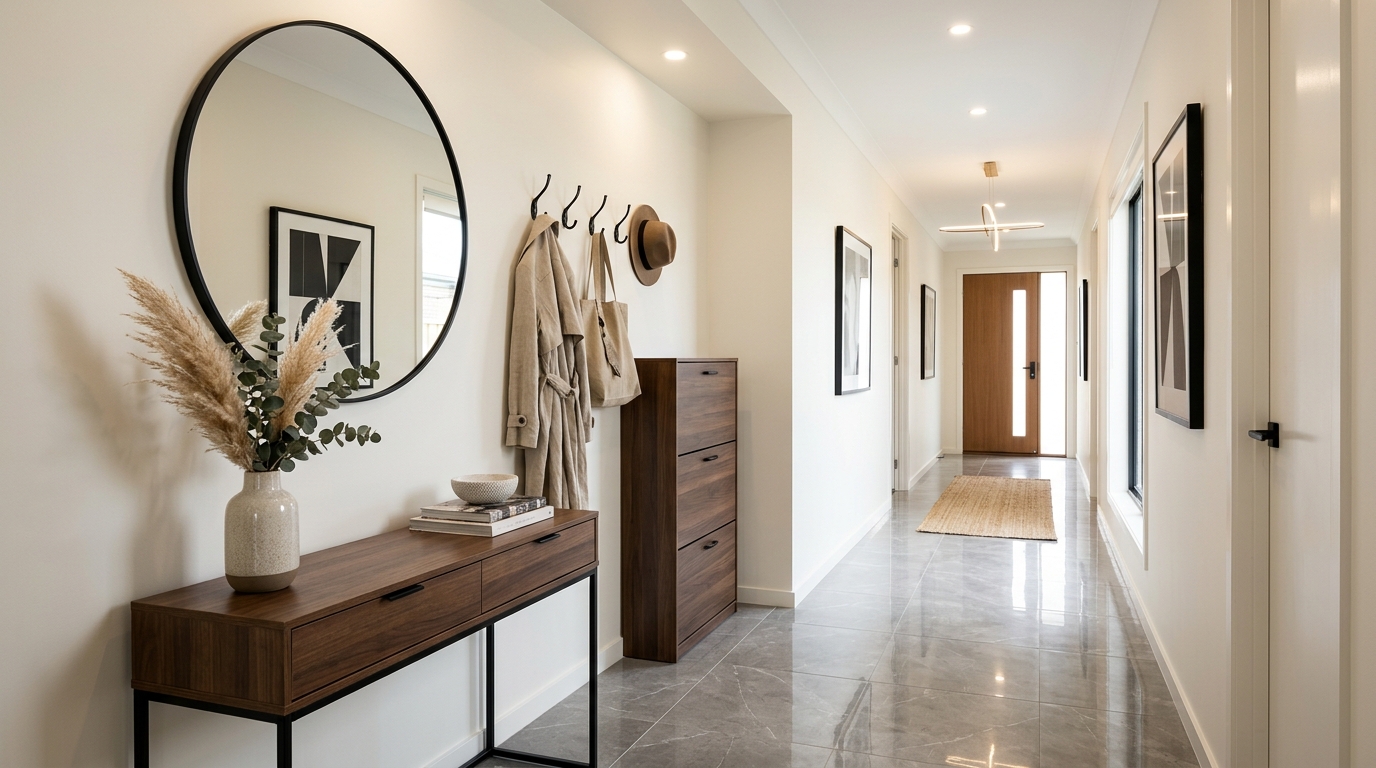 Стильная прихожая с крупноформатной плиткой на полу — зеркало, консоль, хранение обуви