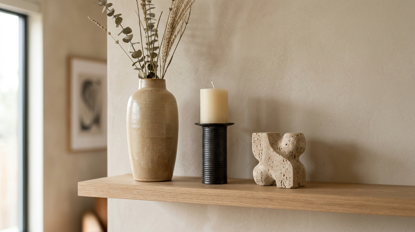 Три декоративных предмета разной высоты на полке — ваза, подсвечник, скульптура