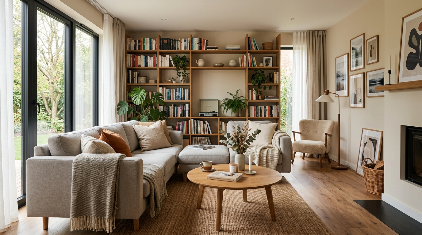 Уютная гостиная с тёплым ламинатом на полу — скандинавский стиль, мягкий свет