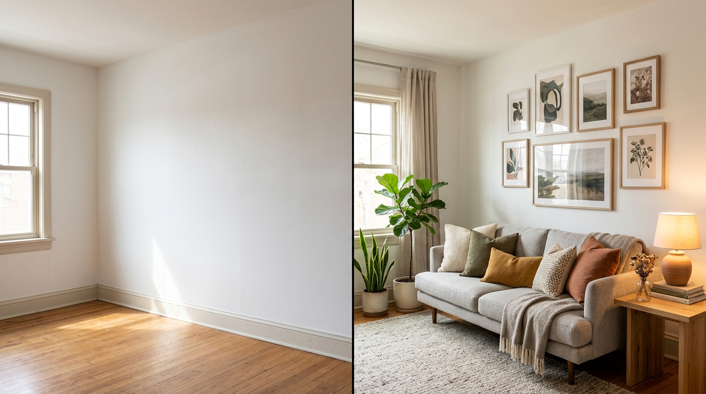 Сравнение комнаты до и после декорирования — слева пустая комната, справа оформленная с декором