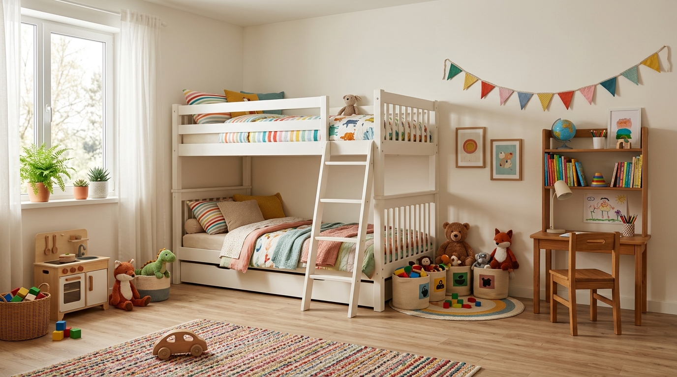 Детская комната с ламинатом на полу — игровая зона, двухъярусная кровать, рабочий стол