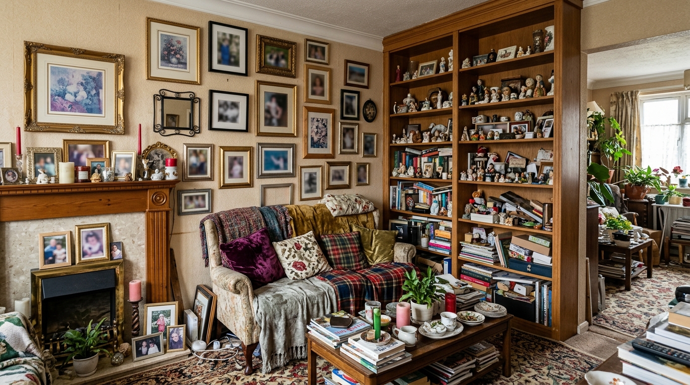 Перегруженная комната — слишком много рамок, статуэток, захламлённые полки
