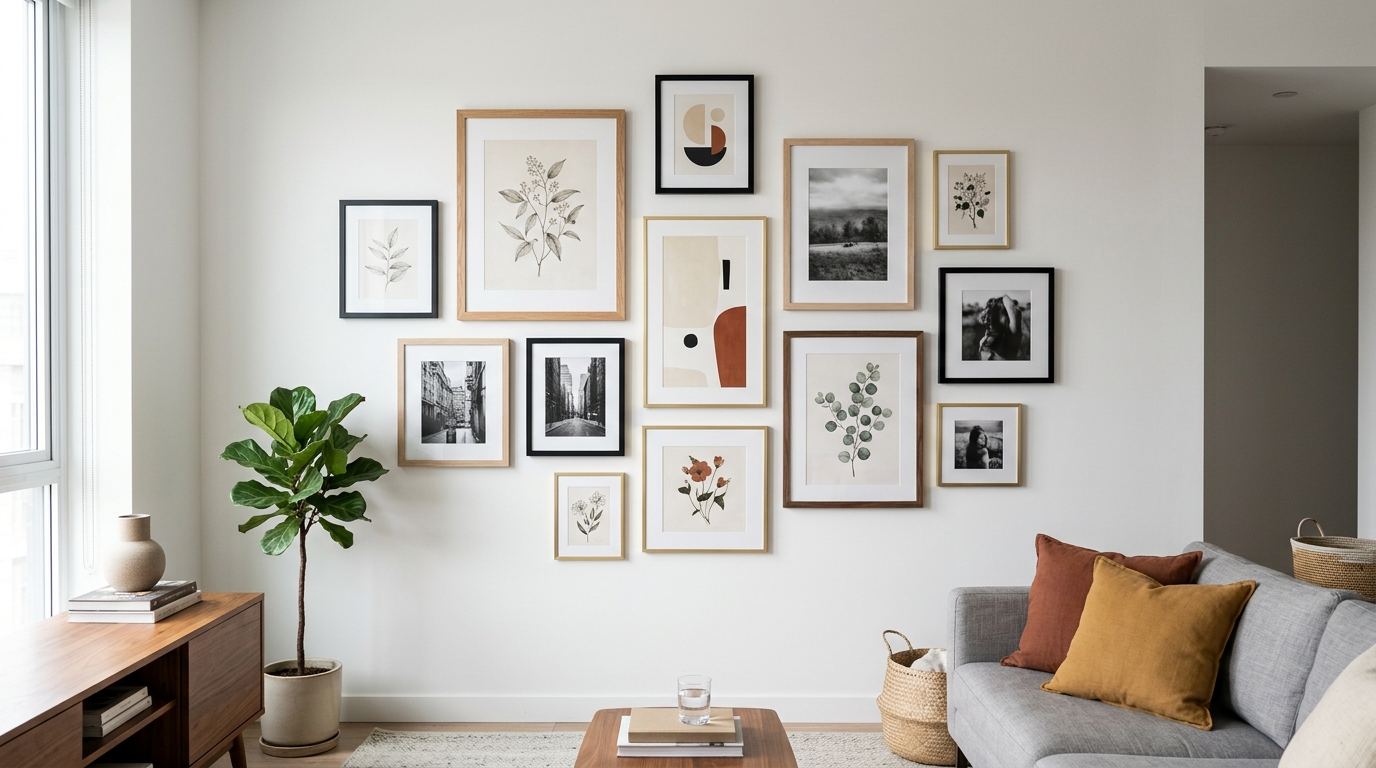 Галерейная стена с асимметричной композицией — ботанические принты, абстрактное искусство, чёрно-белые фото