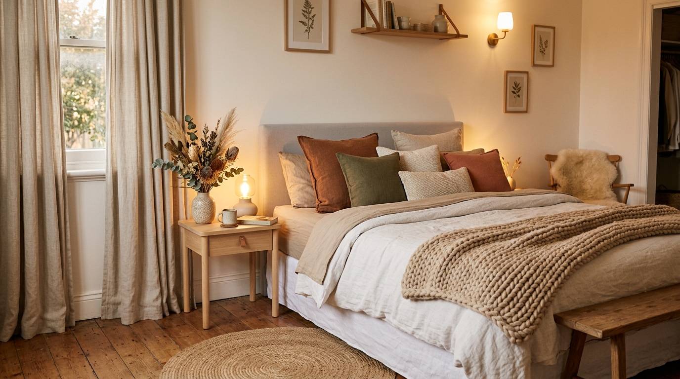 Спальня с продуманным текстильным декором — льняные шторы, подушки землистых тонов, вязаный плед