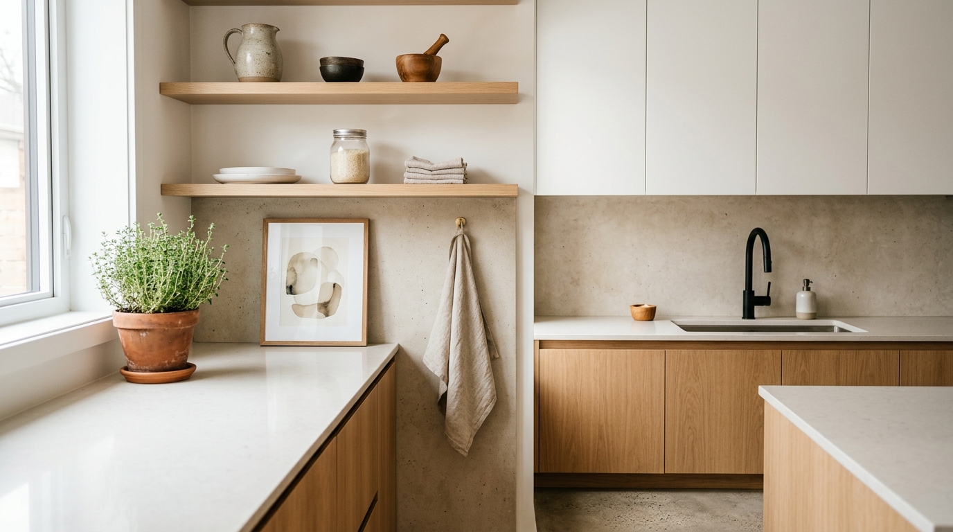 Современная кухня с минимальным декором — открытая полка, растение в горшке, льняное полотенце