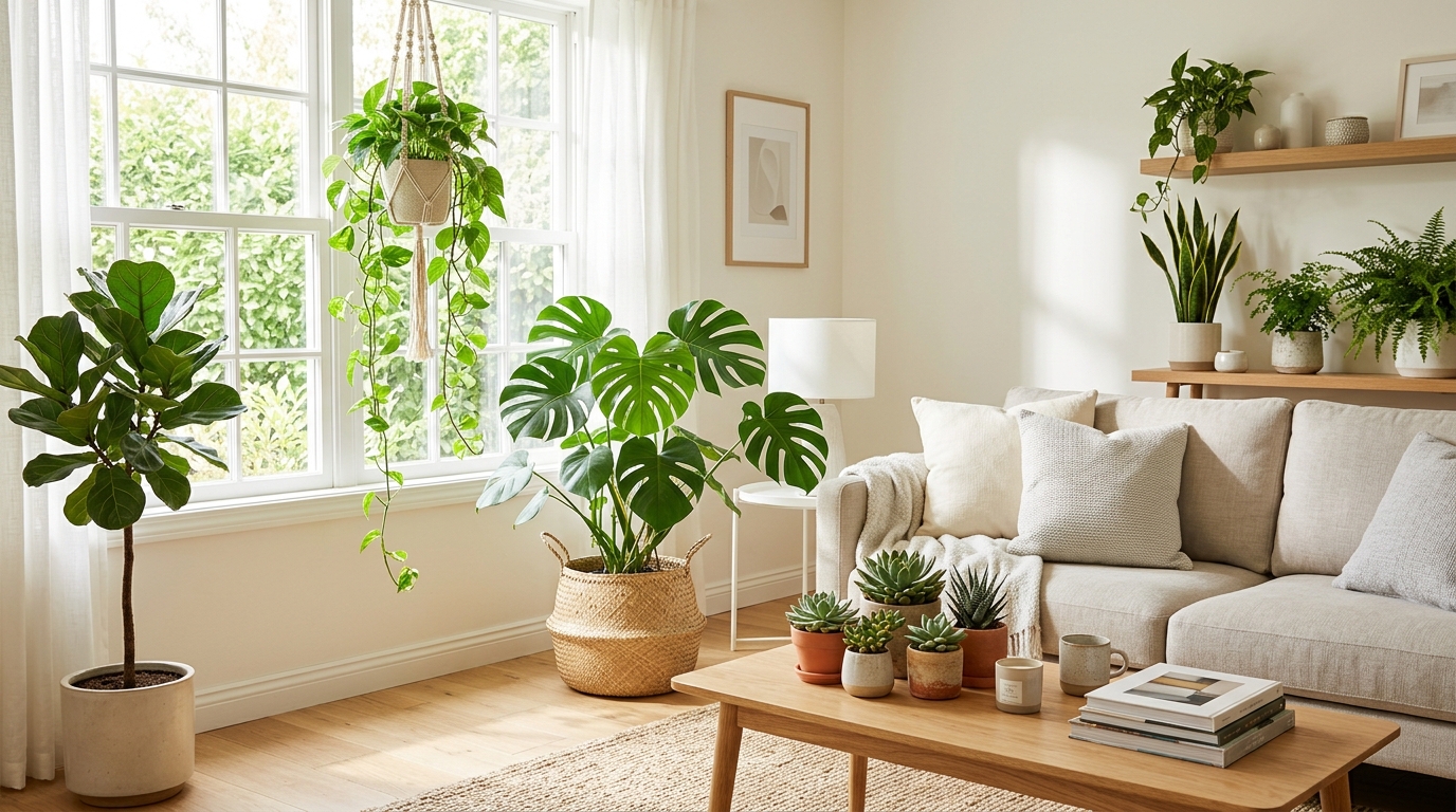 Гостиная с комнатными растениями — монстера в корзине, суккуленты на столике, потос у окна