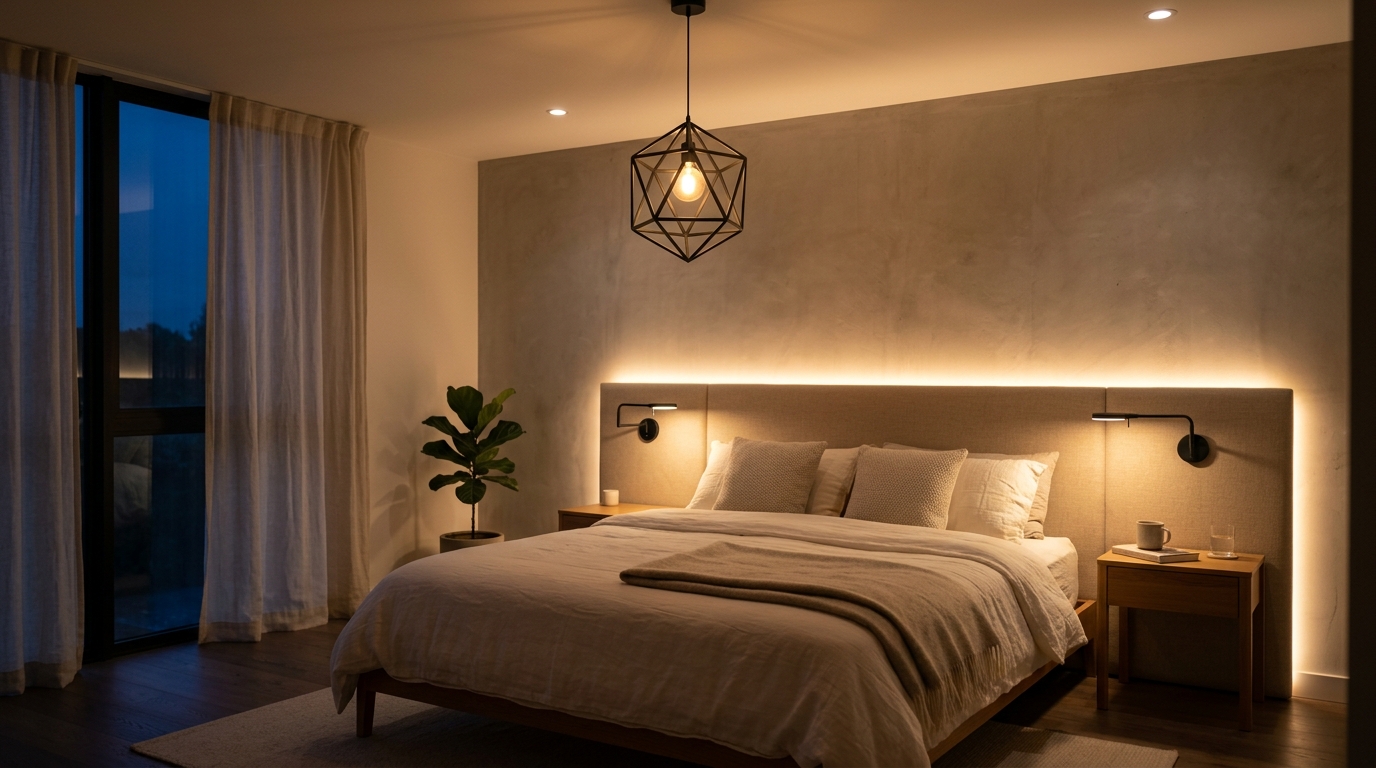 Спальня в стиле минимализм с продуманным многоуровневым освещением