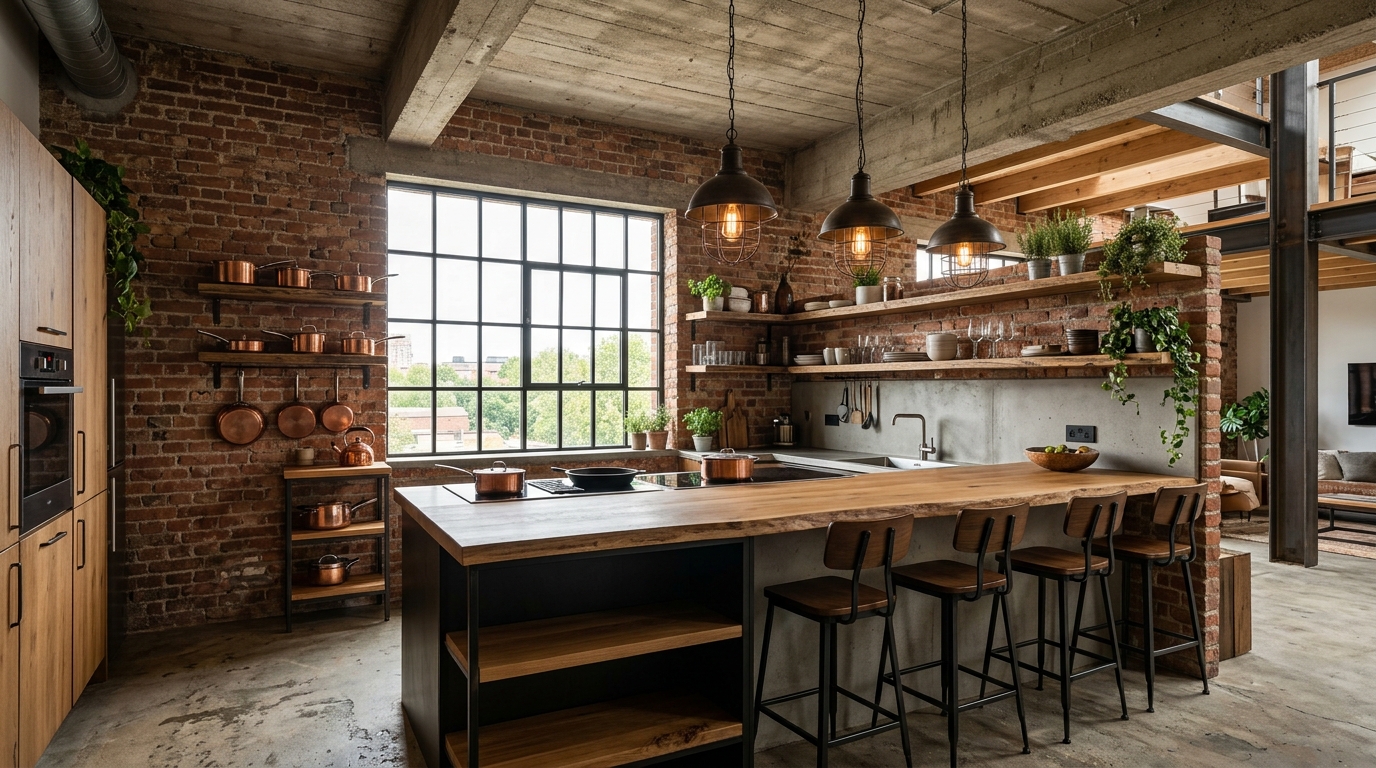 Кухня в стиле лофт с кирпичной кладкой, бетонным потолком и открытыми полками