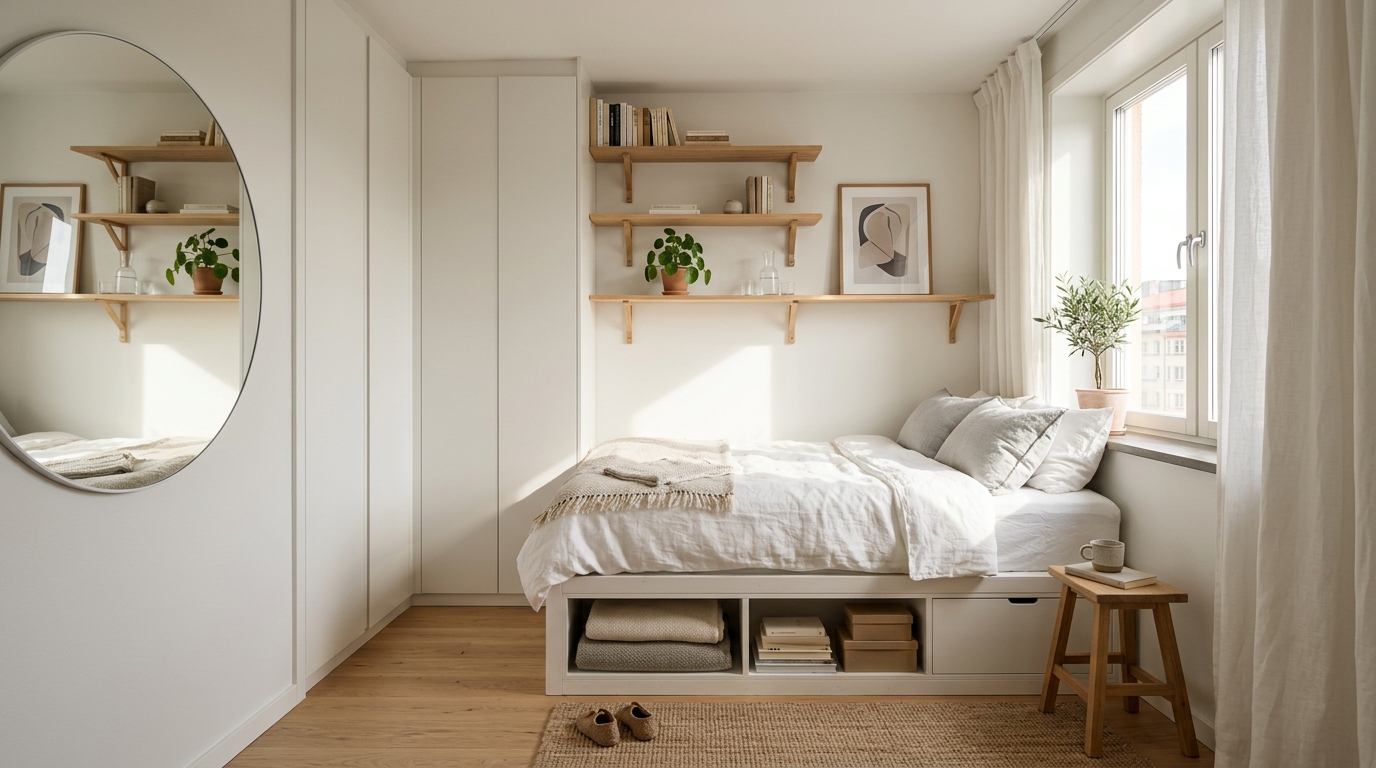 Маленькая спальня в стиле минимализм с продуманным хранением