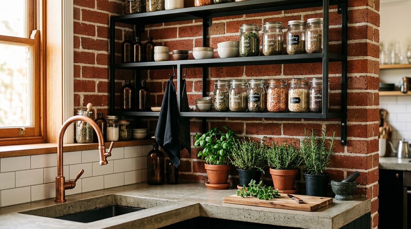 Кухня лофт с кирпичной стеной, открытыми полками и деревянной столешницей