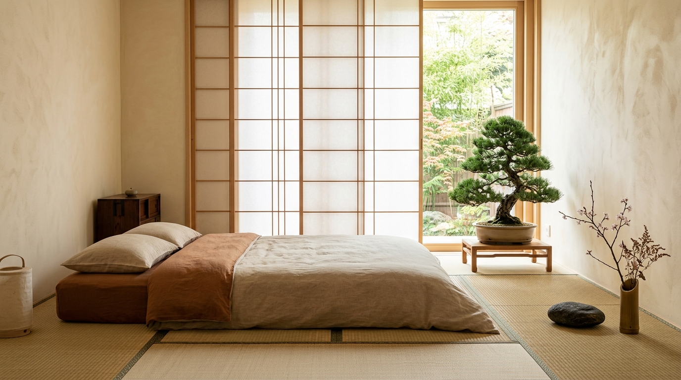 Спальня в стиле японского минимализма с татами и ширмой сёдзи