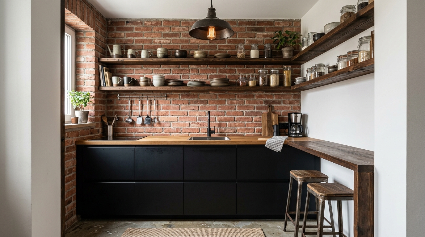 Компактная кухня в стиле лофт с тёмными шкафами, кирпичной стеной и барной стойкой