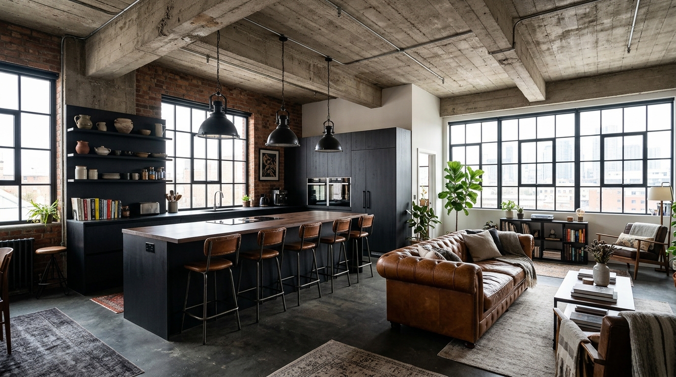 Просторная кухня-гостиная в стиле лофт с островом, бетонным потолком и кожаным диваном