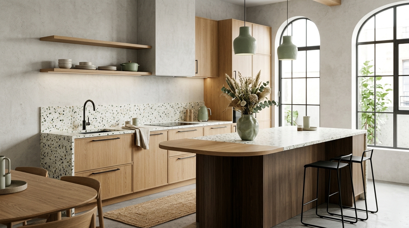 Кухня в стиле soft loft 2026: светлый бетон, тёплое дерево и шалфейно-зелёные акценты